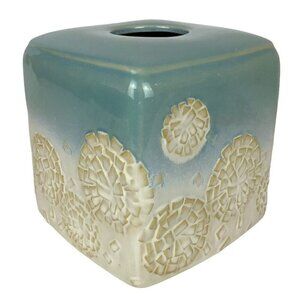 DKNY Donna Karan New York Ceramic Tissue Box Holder Teal White Mums Dandelions